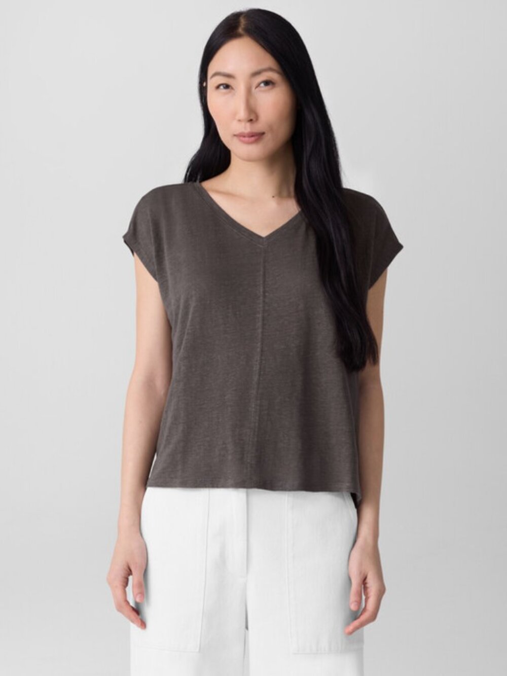 Eileen Fisher Organic Linen Jersey V-Neck Tee Brown Small